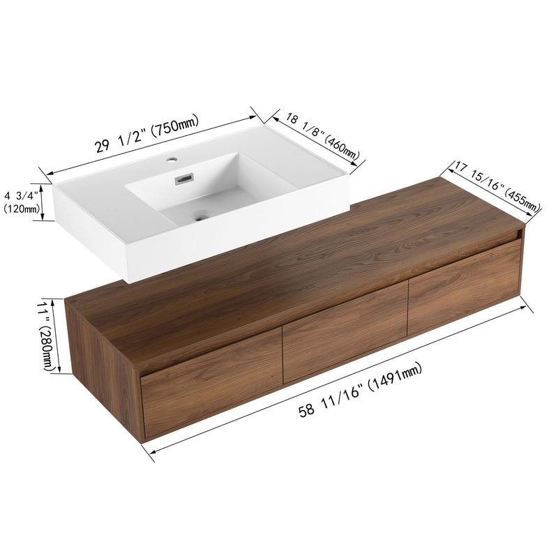 Modern Wall Mounted Bathroom Vanity With Resin Sink And Soft Close Drawer