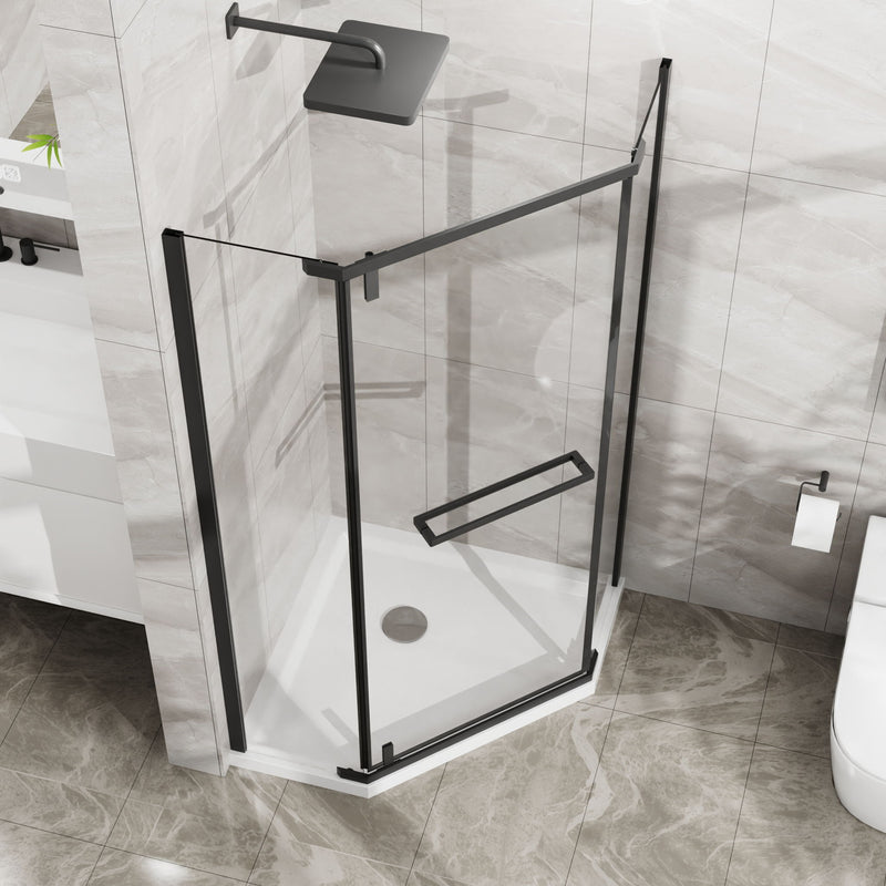 Neo Angle - Frameless Shower Door With White Acrylic Shower Base Combo - Matte Black