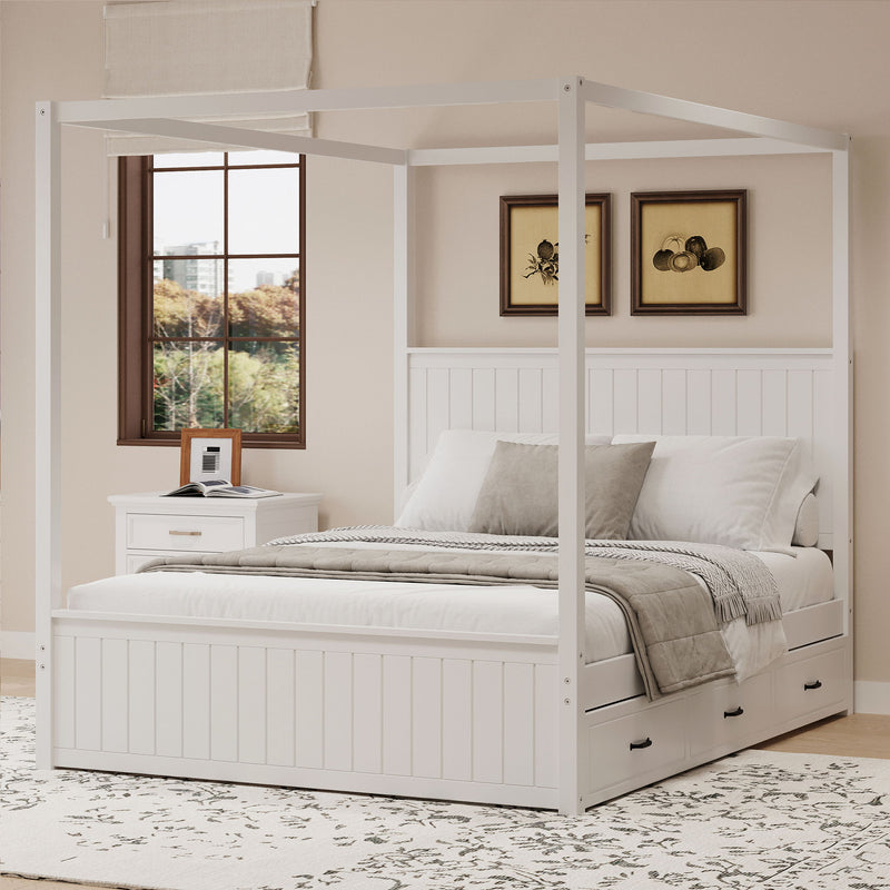 Canopy Platform Bed With Trundle And 3 Storage Drawers, 4 Post Solid Bed Frame With Headboard