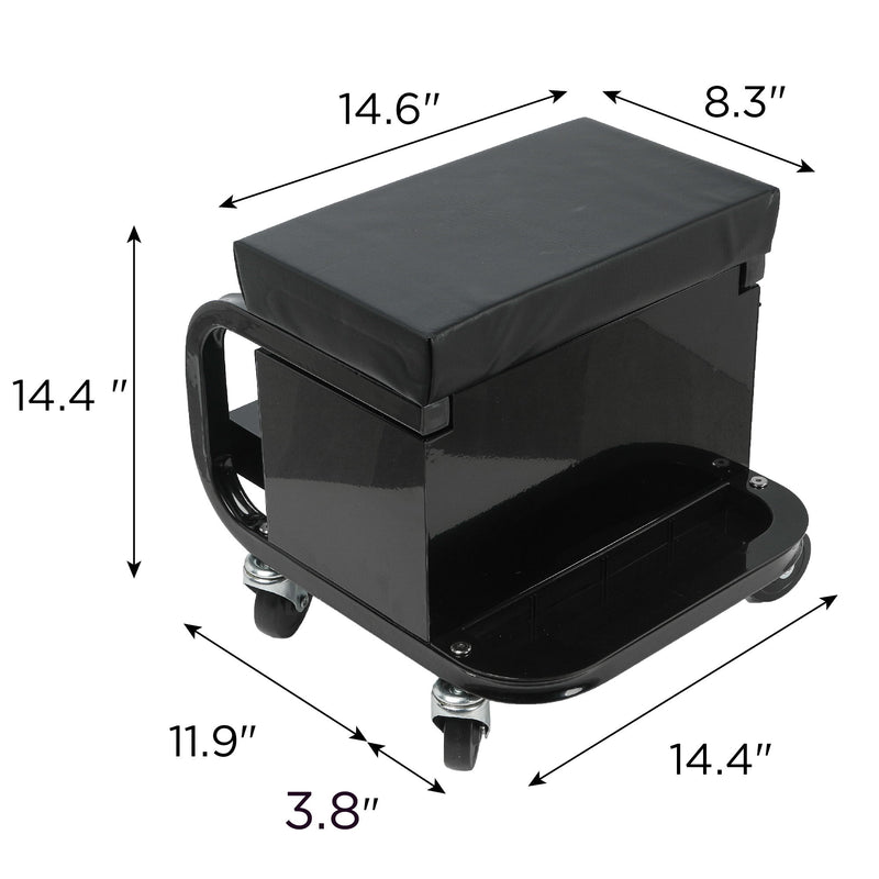 Rolling Creeper Garage Seat With 3 Built In Drawers, Rolling Tool Chest For Shop Or Garage - Black