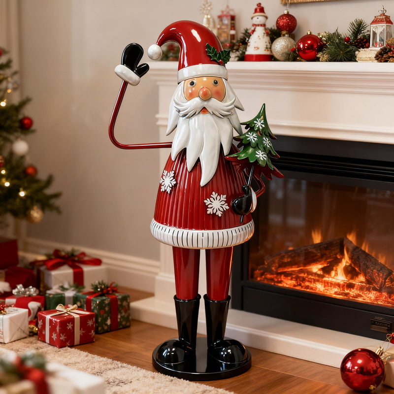 Cheerful Santa Claus Holding Tree And Waving, Holiday Decoration With Festive Design - Red