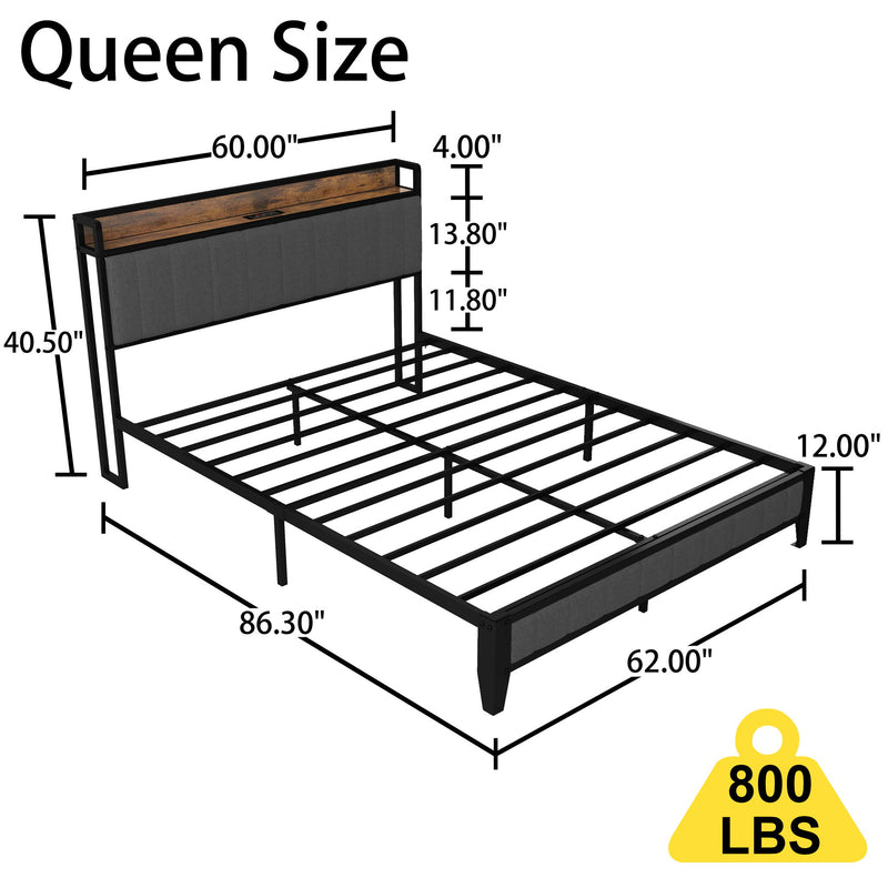Bed With Charging Station, American Design Upholstered Headboard, Metal Platform