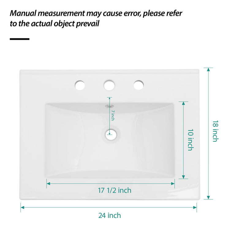 Rectangular Single Vanity Top With 3 Faucet Hole Sink - White