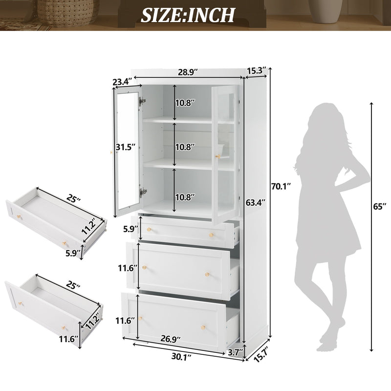 Freestanding Tall Bathroom Cabinet With Adjustable Shelves, Drawers, Soft Close Glass Doors