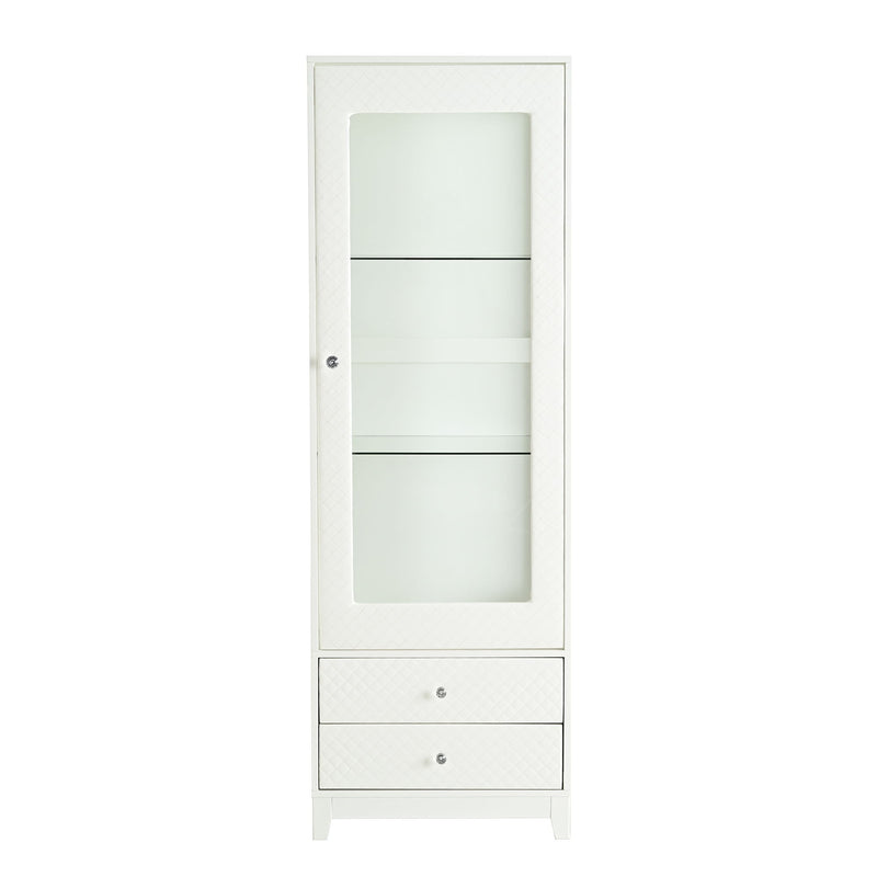 Modern Upholstered Glass Display Cabinet With Adjustable LED Light - White