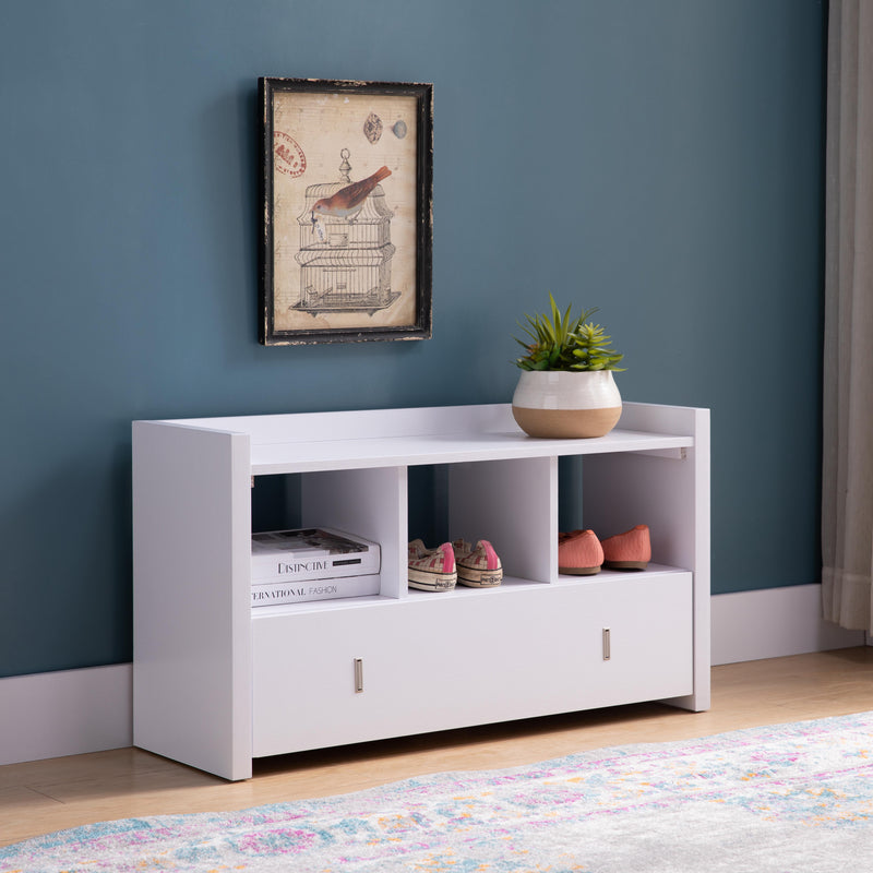 Shoe Entry Bench With Three Shelves, One Drawer With Divided Compartment