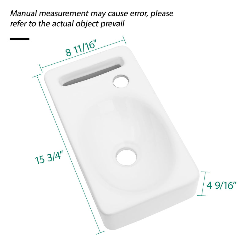 Rectangle, Wall Mount Bathroom Sink & Single Faucet Hole - White