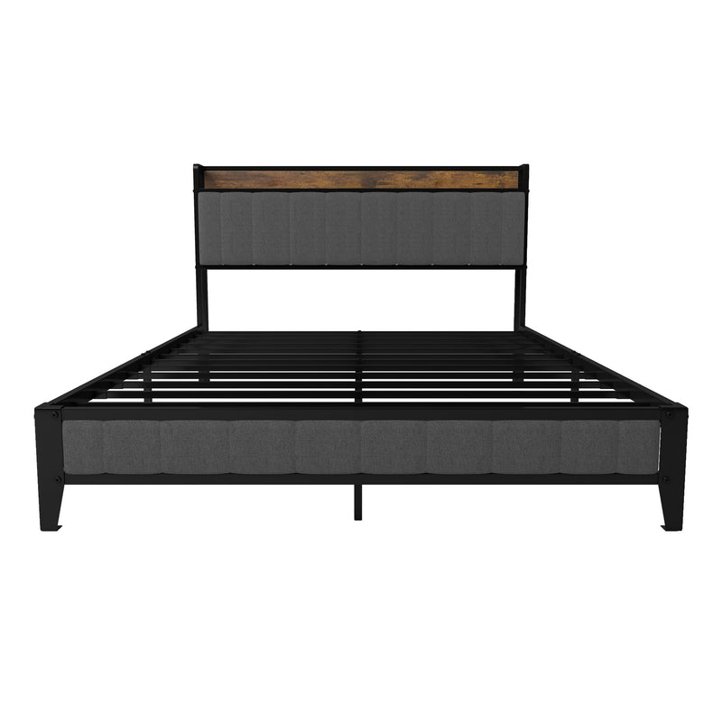 Bed With Charging Station, American Design Upholstered Headboard, Metal Platform