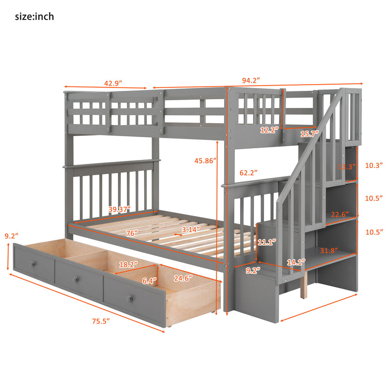 Stairway Bunk Bed With Storage And Guard Rail For Bedroom