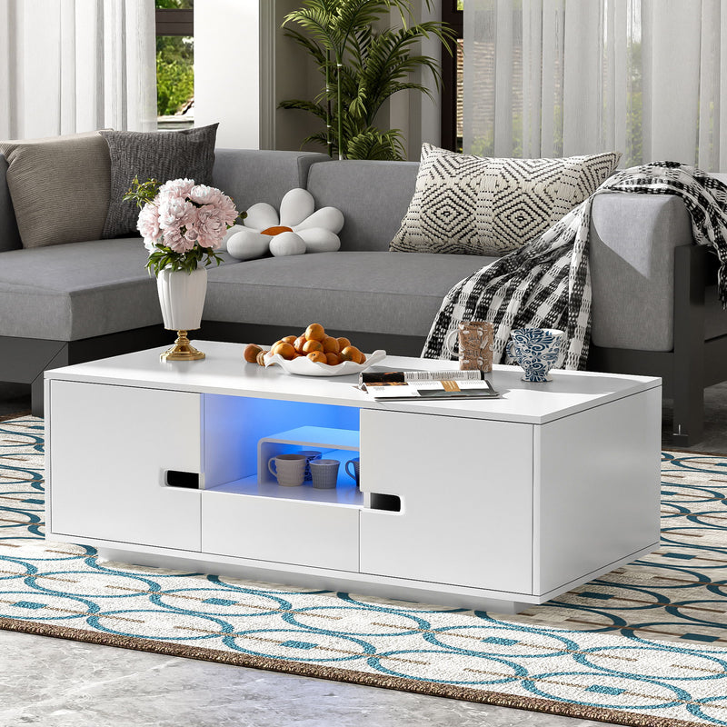 Modern High Glossy Rectangle Coffee Table, Accent Furniture With 16 Color LED Lights For Living Room - White
