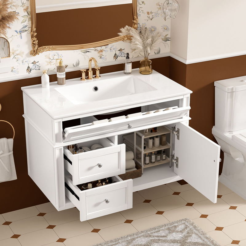 Wall Mounted Bathroom Vanity With 2 Drawers, 1 Tip Out Drawer, 3 Holes Sink