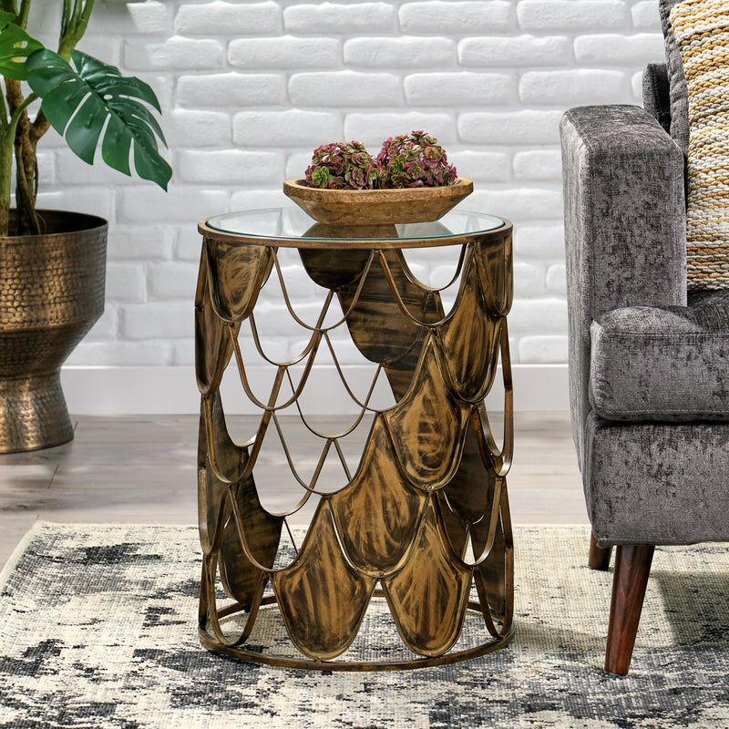 Boho Glam Pino Side Table With Fish Scale Design Tempered Glass Top - Brown
