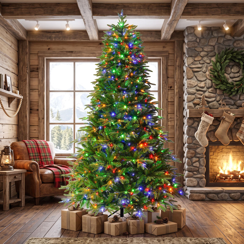 7.5Ft Premium Life Like Full Flocked Christmas Tree With Stand, Fire Resistant Tips, Warm & Colorful LED Lights - Green