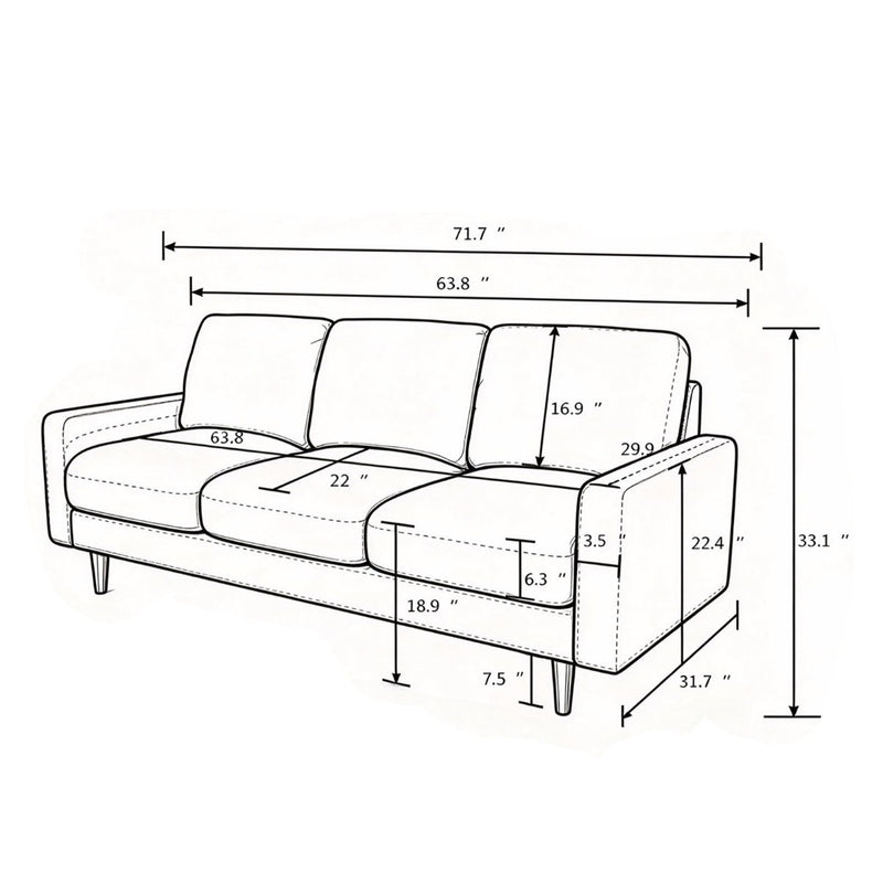 Modern Upholstered 3‑Seat Sofa Couch, Polyester Fabric Sofa With Accent Pillows, Loose Back Cushion For Living Room Apartment - Dark Blue