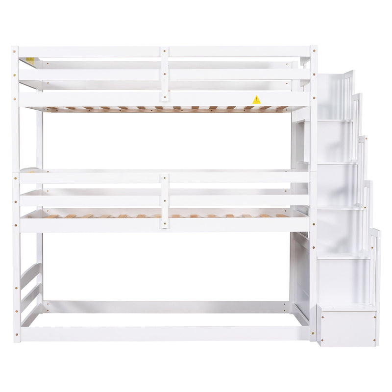 Twin Size Triple Bunk Bed With Storage Staircase, Separate Design - White