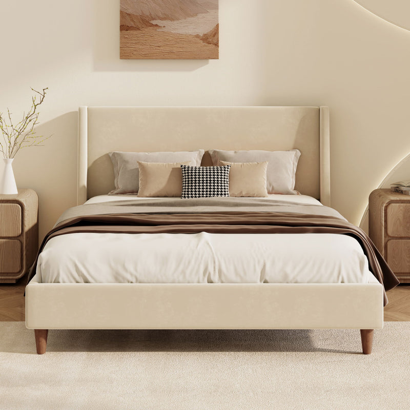 Modern Velvet Upholstered Platform Bed With Wingback Headboard