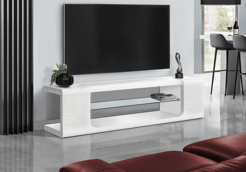 TV Stand, Console, Media Entertainment Center, Storage Shelves, Glossy Contemporary & Modern - White