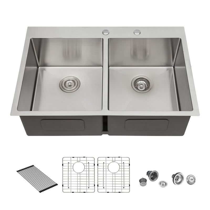 Modern Farmhouse Double Bowl Drop In Sink With 50 / 50 Split Design Stainless Steel - Brushed Nickel