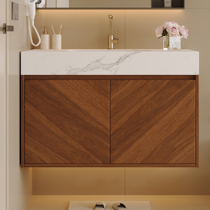 Wall Mounted Bathroom Vanity With Sink, Soft Close - Walnut / White