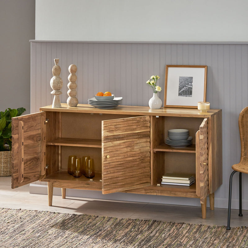Boho Handcrafted 3 Door Sideboard, Carved Texture & Artisanal Charm - Natural