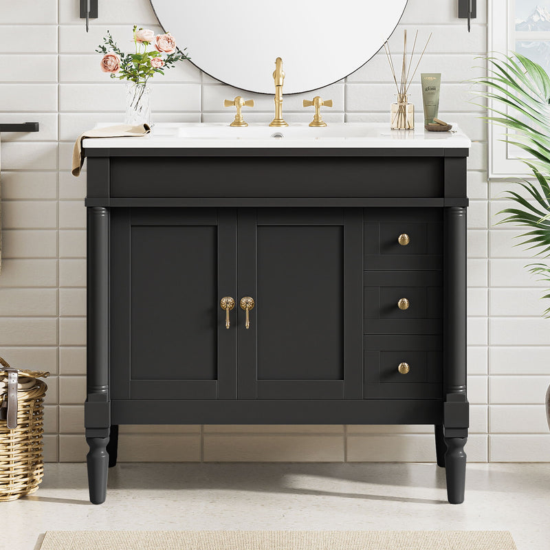 Bathroom Vanity With Ceramic Sink, 2 Doors 3 Drawers, Soft Close Design