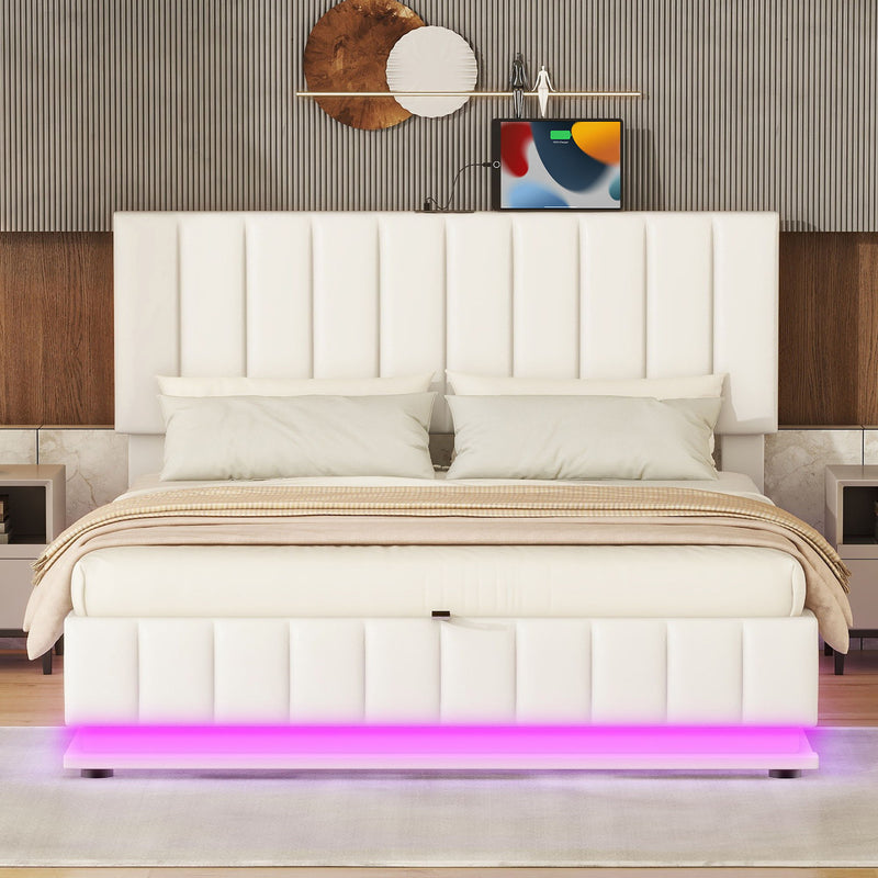 Upholstered Bed With Hydraulic Storage System And LED Light, With Sockets And USB Ports
