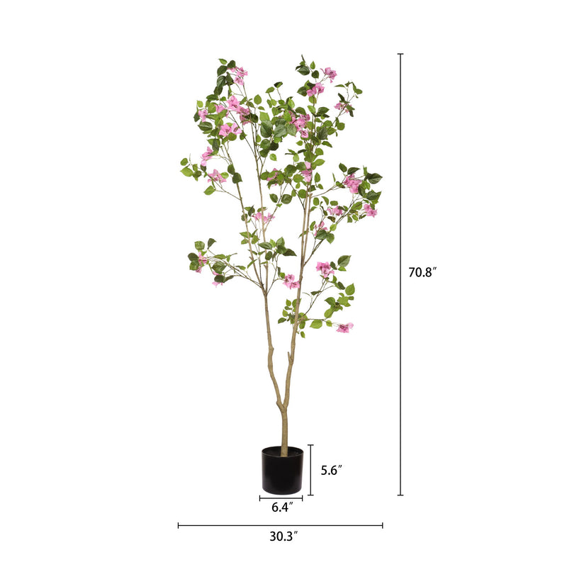 Artificial Bougainvillea Tree With Pot, Realistic Faux Flowering Plant Leaves And Blooms, Decor For Home Office - Green Leaves / Pink
