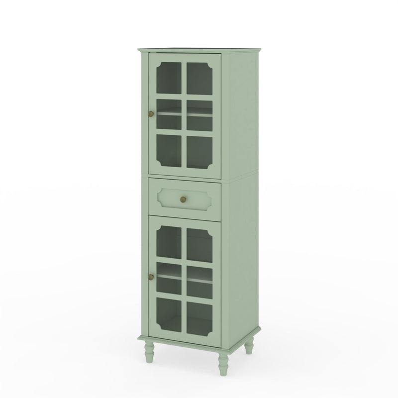 Storage Cabinet, Freestanding Curio Cabinet With Grid Doors & Drawer, Pantry Display Cabinet For Kitchen