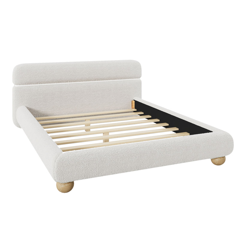 Queen Size Contemporary Low Profile Upholstered Bed With Teddy Fleece Boucle Fabric And Solid Round Legs - White