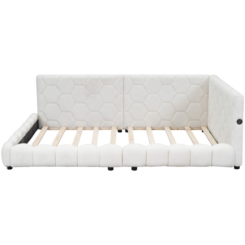 Upholstered Full Size Platform Bed With LED Belt And USB Ports - White