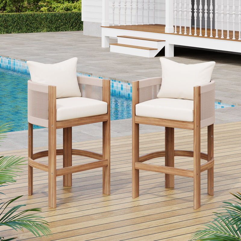 Modern Matera Barstool (Set of 2) With Wraparound Back And Rope - Teak / Beige
