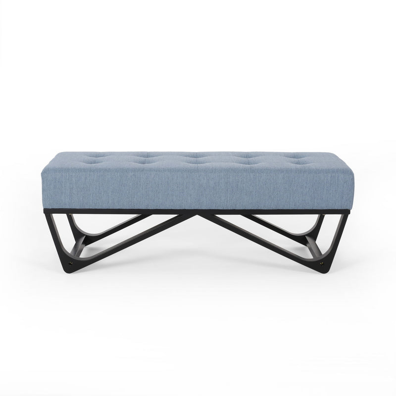 Upholstered Ottoman With Button Tufted Waffle Stitch And Black Geometric Legs - Light Blue