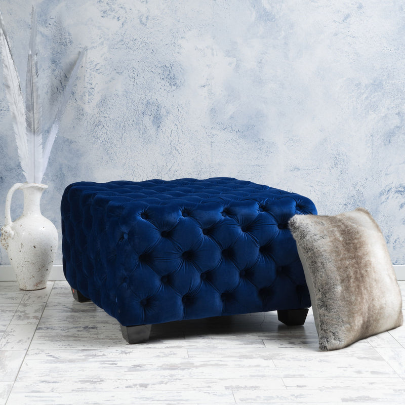 Modern Glam Ottoman With Velvet Upholstery And Button Tufted Design