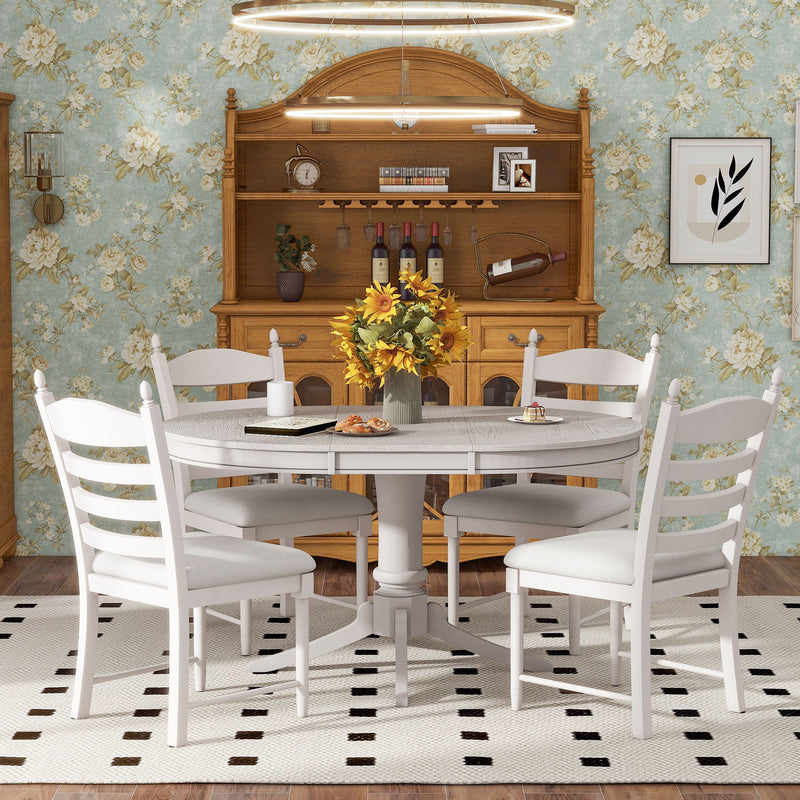 5 Piece Retro Functional Dining Table Set With Extendable Round Table And Upholstered Chairs