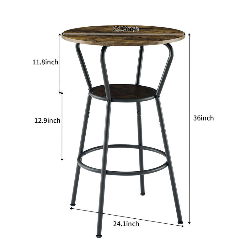 Rustic Brown Round Bar Table And Stool Set With Shelf, Upholstered Stool With Backrest - Antique Brown