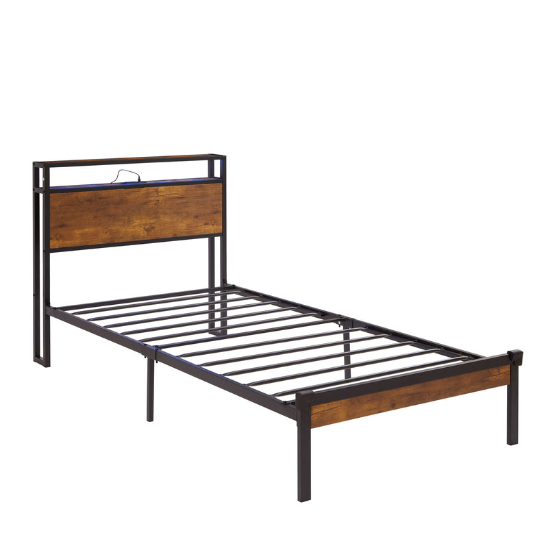 Twin Size Platform Bed Frame, LED Lights With Remote Control, USB Charging Port, Large Under Bed Storage - Black / Brown