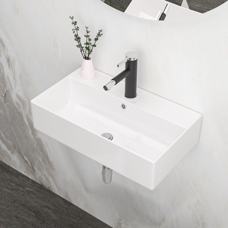 Modern Ceramic Rectangular Wall Mounted Bathroom Sink With Faucet Hole & Overflow