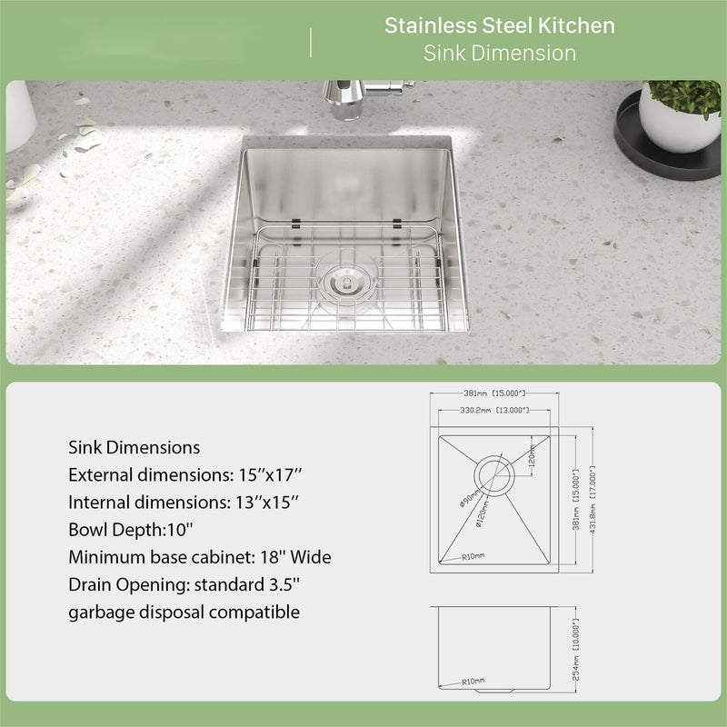 Modern Undermount Stainless Steel Kitchen Sink 16 Gauge, Deep Single Bowl