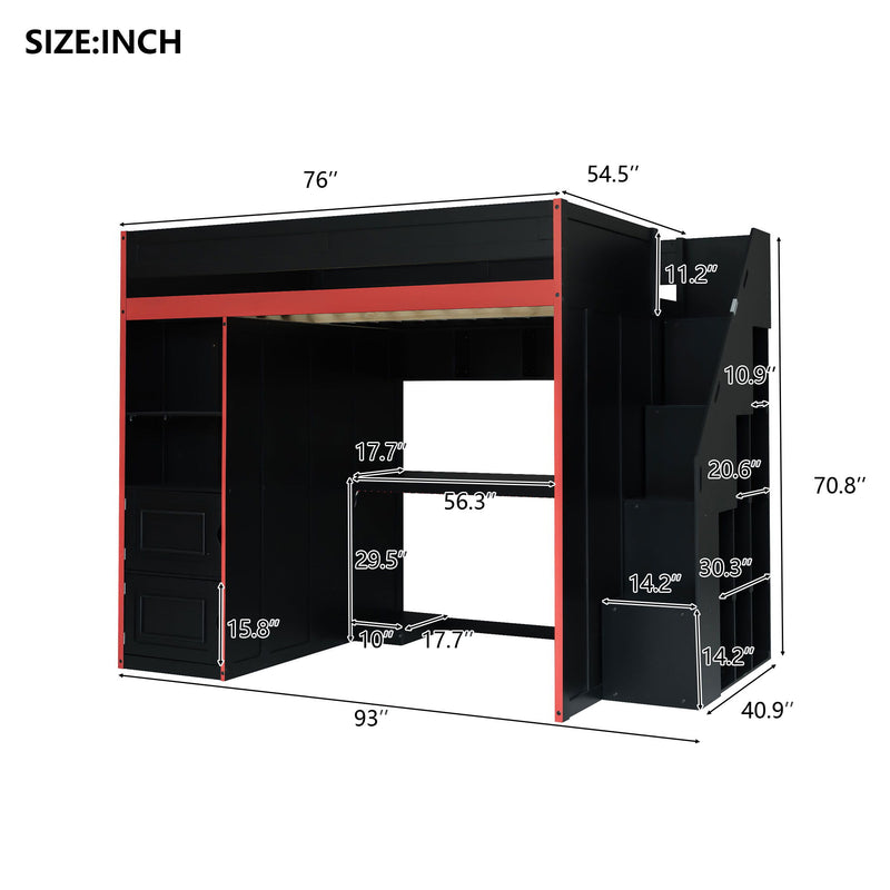 Gaming Loft Bed With Desk And Storage, LED Lights, Full - Black