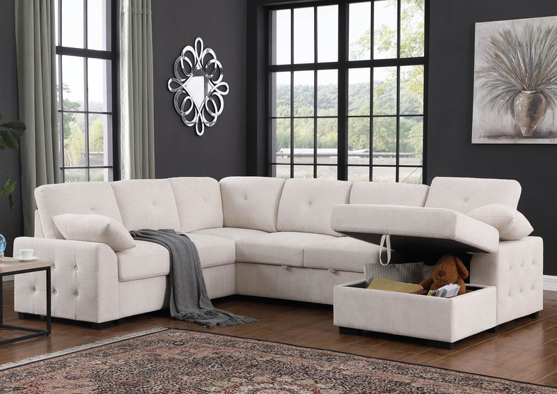 Nyhan - Upholstered Corner Sectional With Pull Out Loveseat And Storaged Chaise - Beige