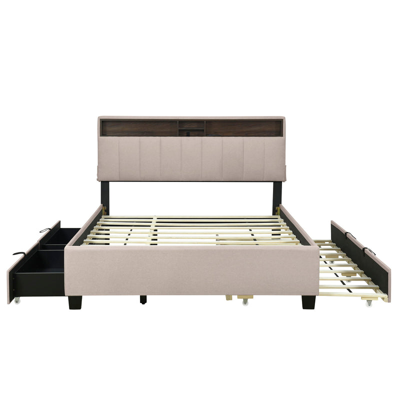Upholstered Platform Bed With Storage Headboard, Trundle & 2 Drawers And A Set Of Sockets & USB Ports
