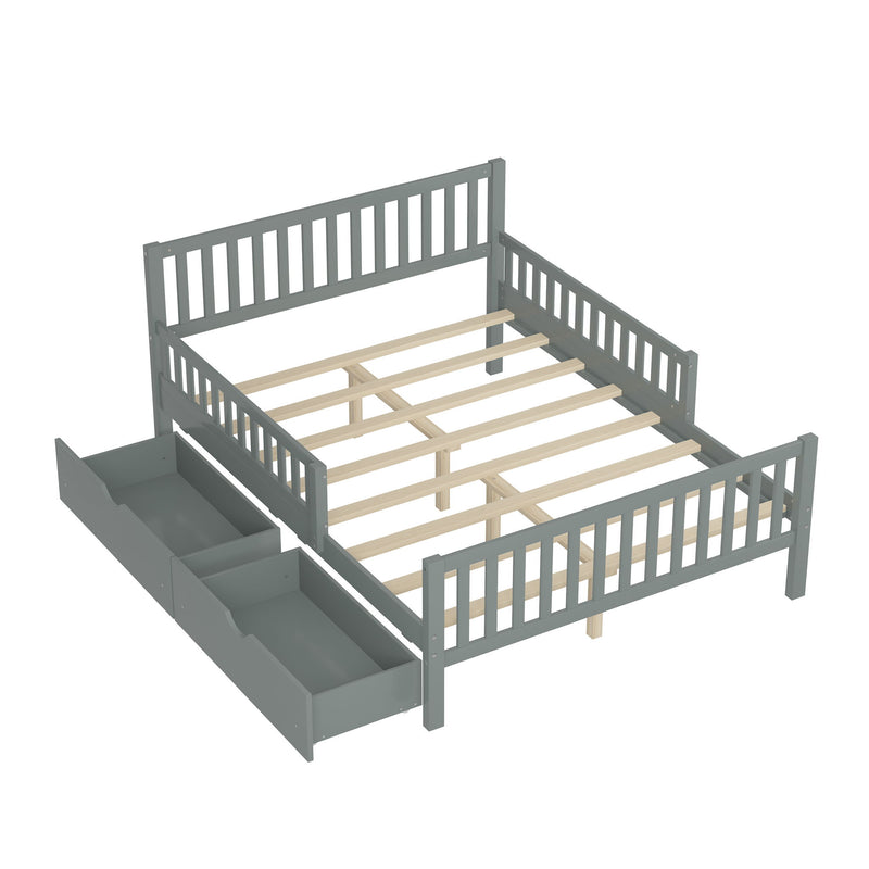 Platform Bed With Guardrails On Both Sides And 2 Storage Drawers