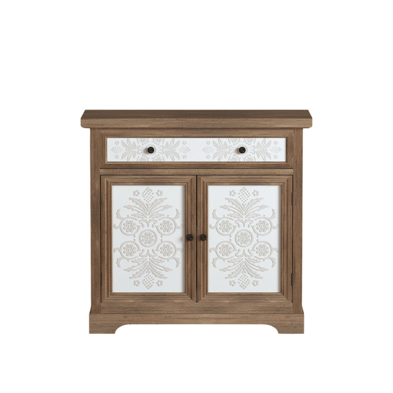 Accent Cabinet With Carved Floral Panels, Sideboard With Drawer And Double Doors - Antique Brown / White