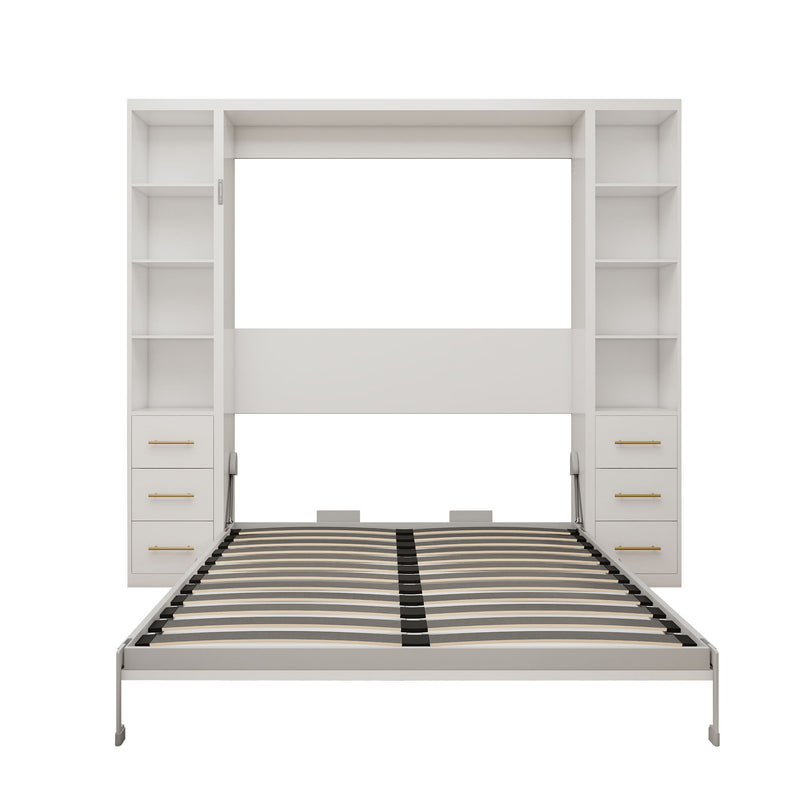 Queen Size Murphy Wall Bed With Side Storage Cabinets - White