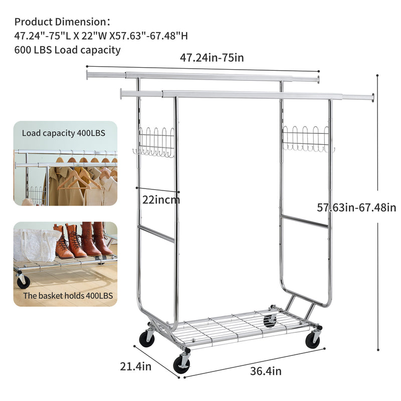 Heavy Duty Double Clothing Garment Rack With Shelves - Silver