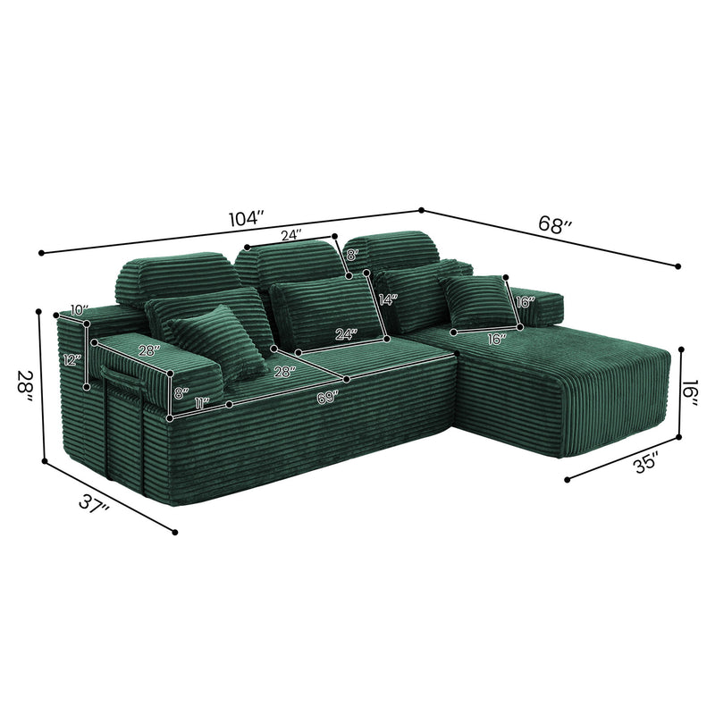 Sectional Sleeper Sofa & Storage Pockets, Modular Couch With Throw Pillows For Living Room