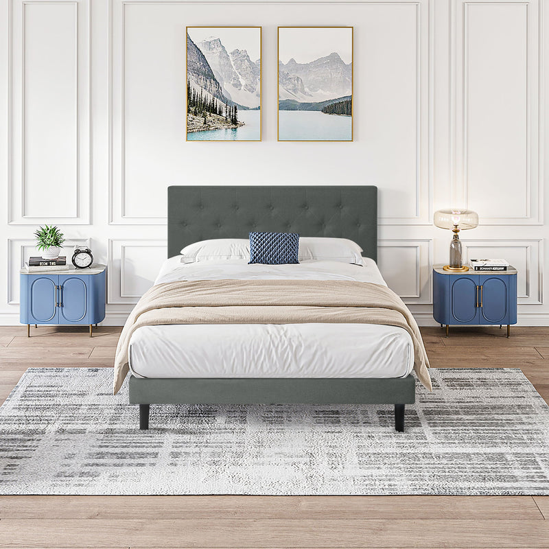 Modern Upholstered Platform Bed Frame With Button Tufted Linen Fabric Headboard