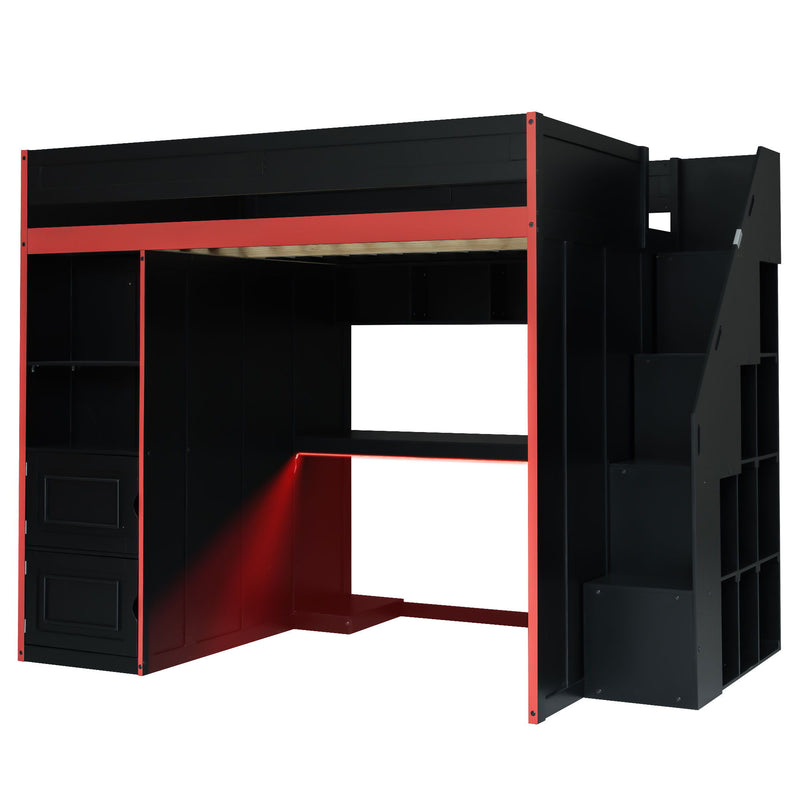 Gaming Loft Bed With Desk And Storage, LED Lights, Full - Black
