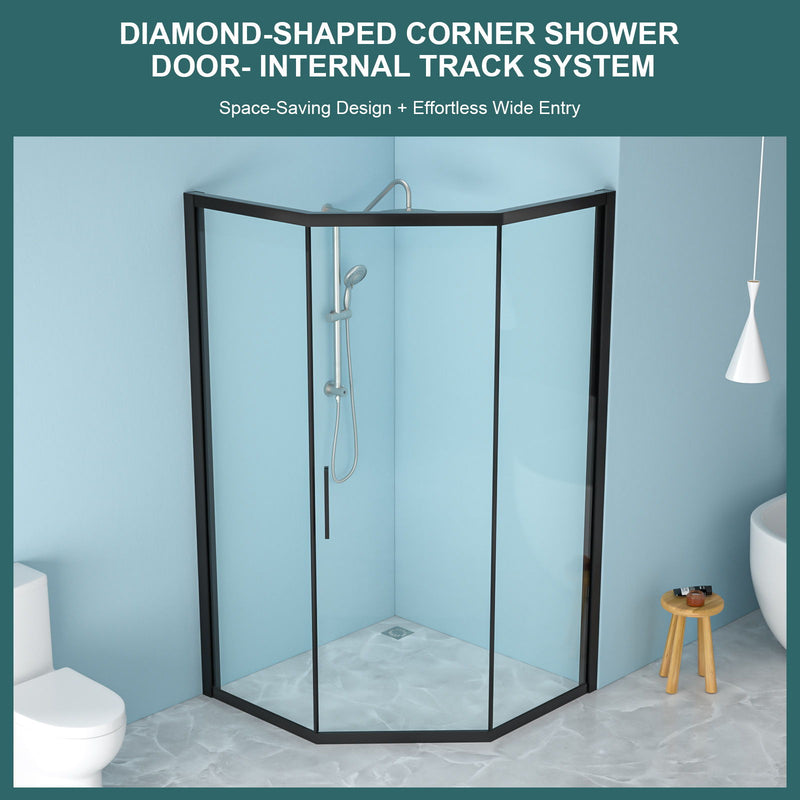 Diamond Shaped Corner Shower Door, Inward Sliding, Stainless Steel Frame