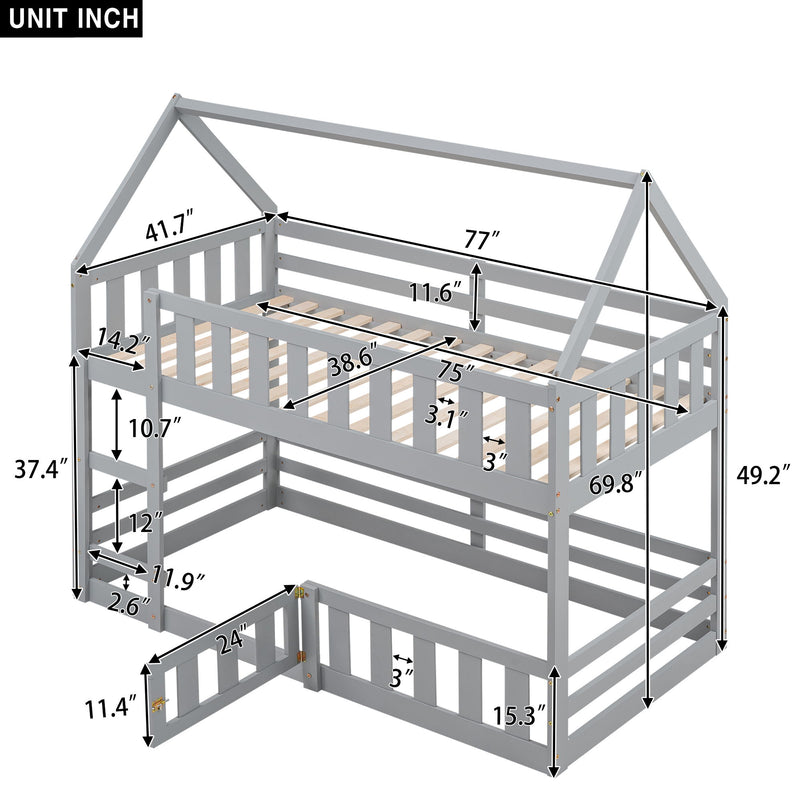 Twin Over Twin House Bunk Bed With Fence And Door